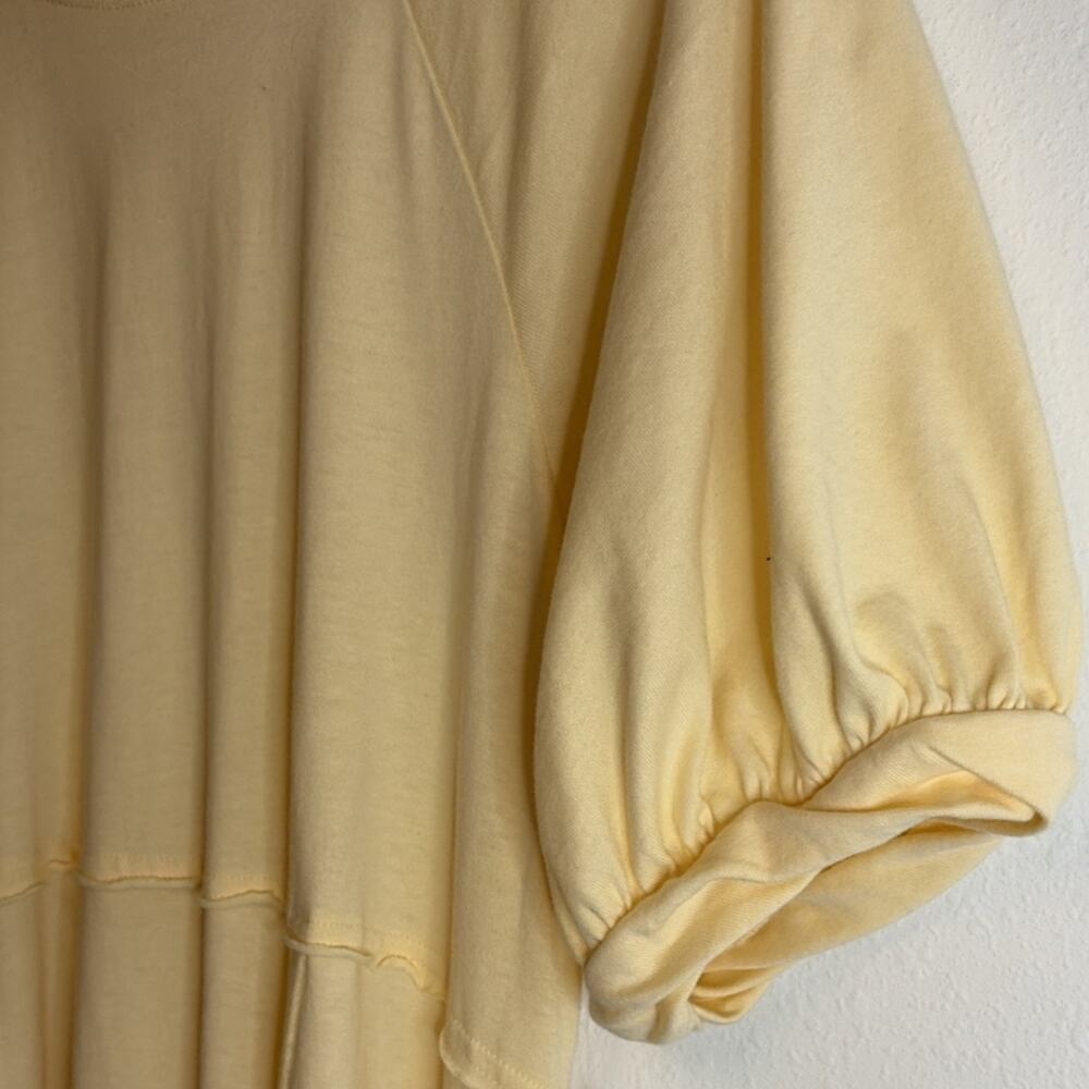 Free people Yellow Knit A-Line Long Dress Puff Short Sleeve Crew Neck Ruffle L-G - Picture 4 of 9